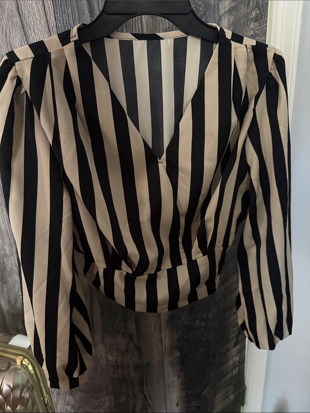 Black & Cream Striped V-Neck Wrap Blouse